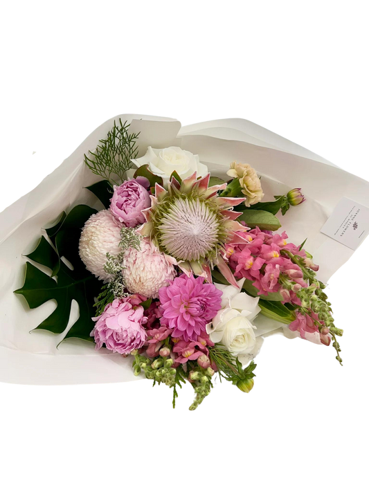 Pretty and Pink floral bouquet with fresh blooms for same day delivery