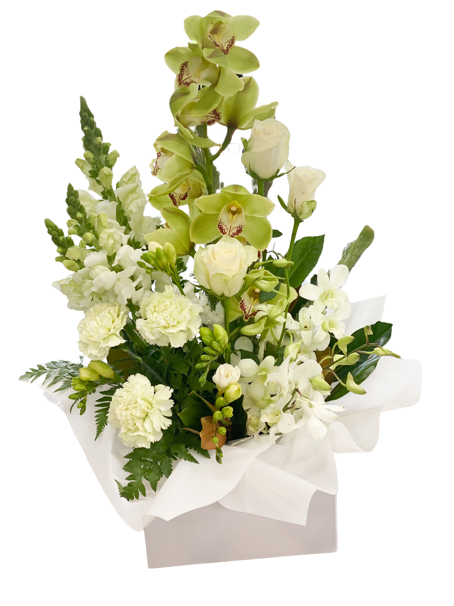 White and Green floral box arrangement