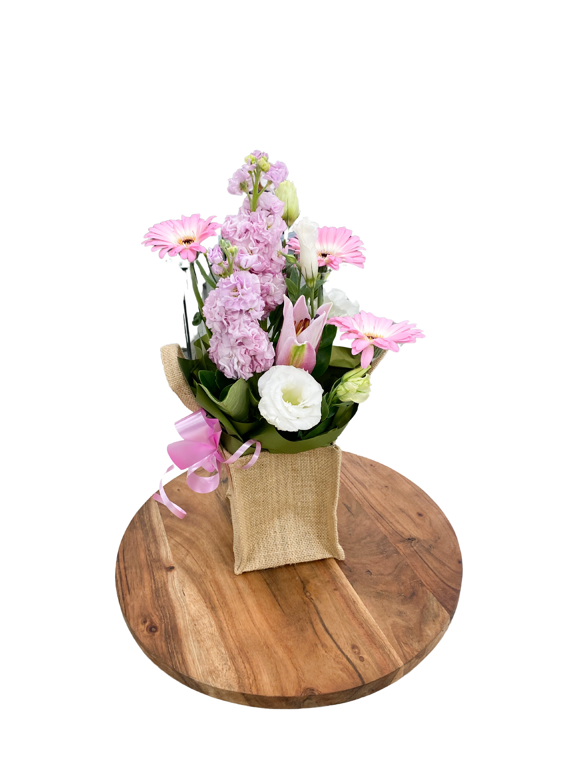 fresh floral arrangement in hessian bag