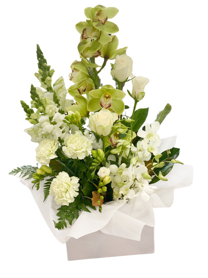White and Green floral box arrangement